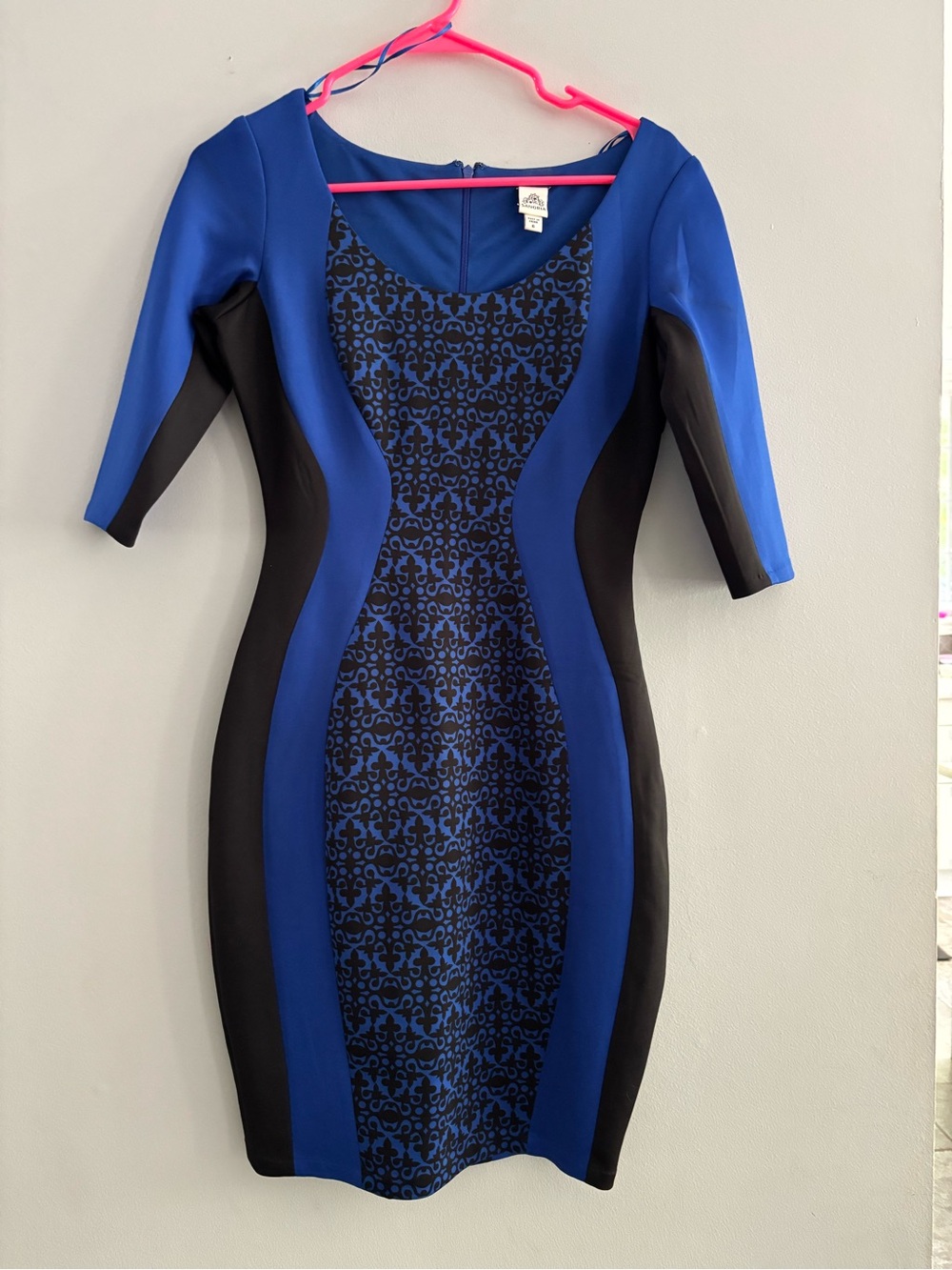 Sangria Blue Black Fitted Body Con 3/4 Sleeve Midi Dress Size 6